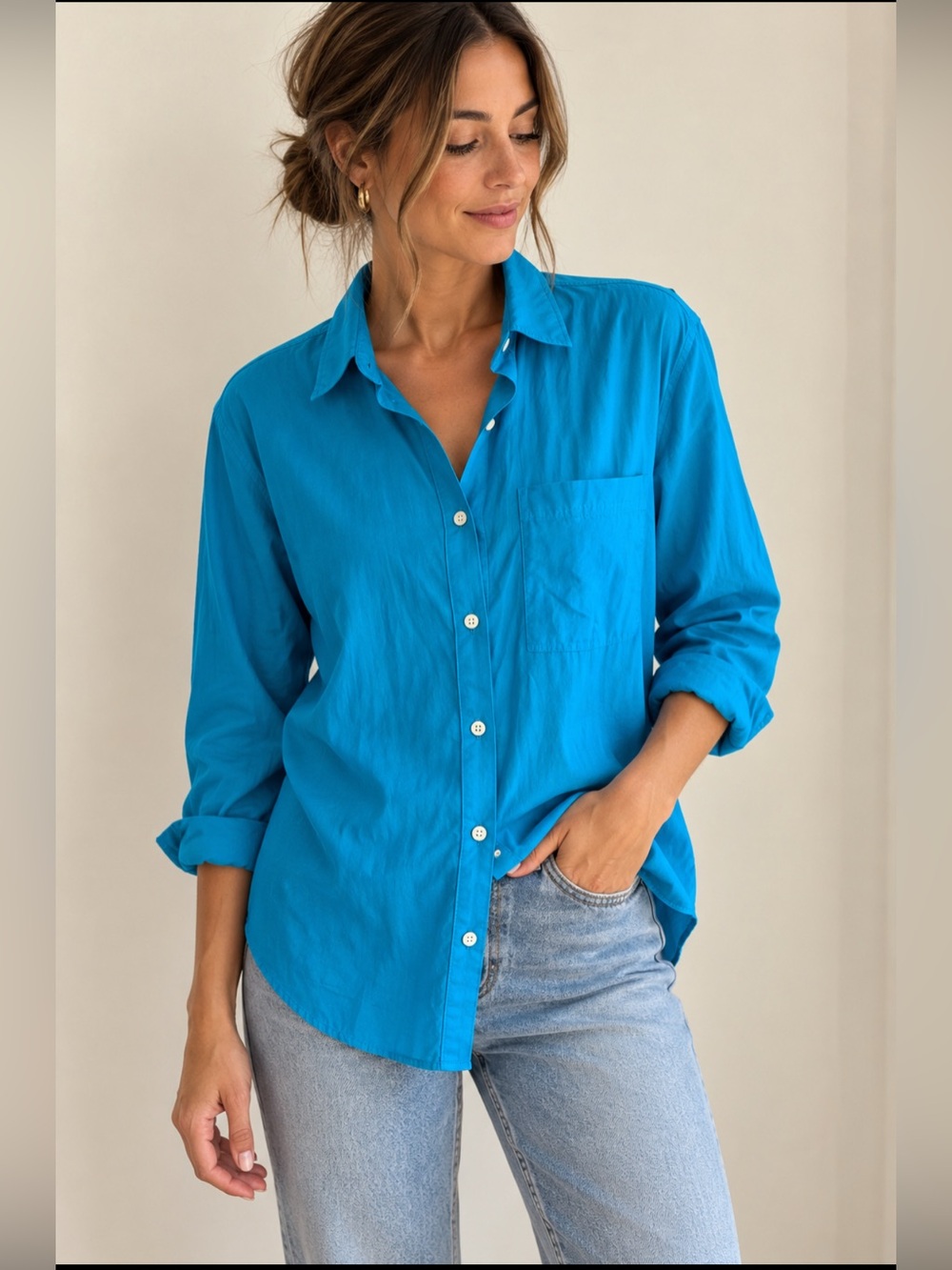 J. Crew Bright Turquoise Button-Down Cotton Blend Shirt Size-6 Modernminimalism